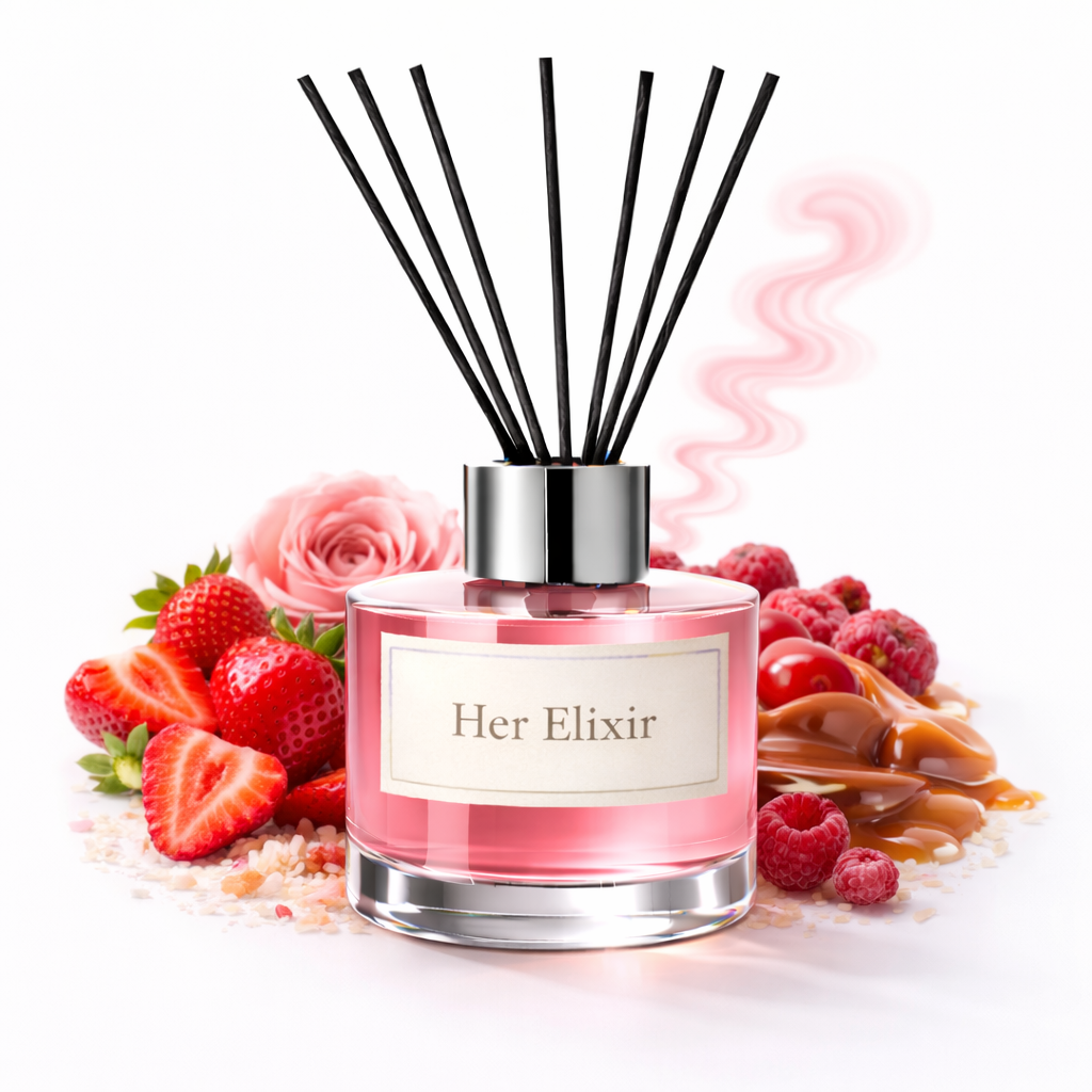 Pink diffuser bottle labeled 'Her Elixir' with black sticks surrounded by strawberries, roses, and raspberries on a white background.