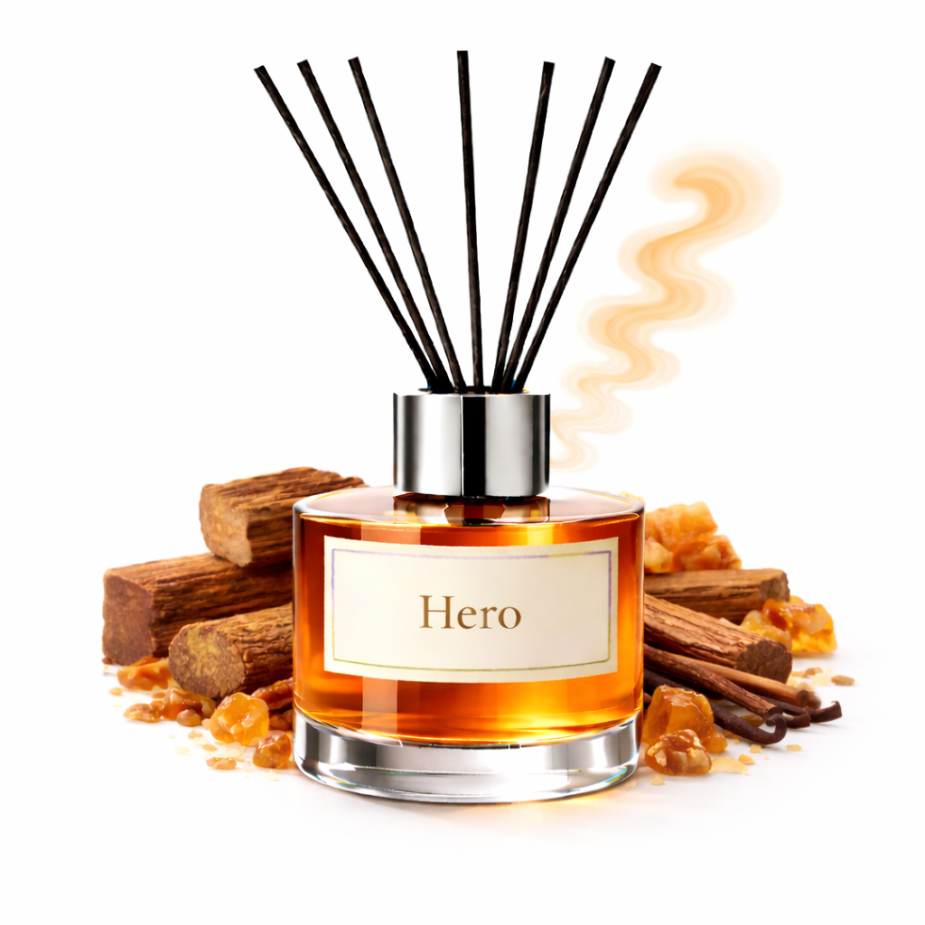 Reed diffuser labeled 'Hero' with cinnamon sticks and orange peel on a white background