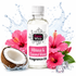A bottle of Fizzy Whiz Hibiscus & Coconut Water Fragrance Oil centered on a white background, surrounded by pink hibiscus flowers, a halved coconut, water splashes, and ice cubes. The bottle has a white cap and a white label with pink and black text.