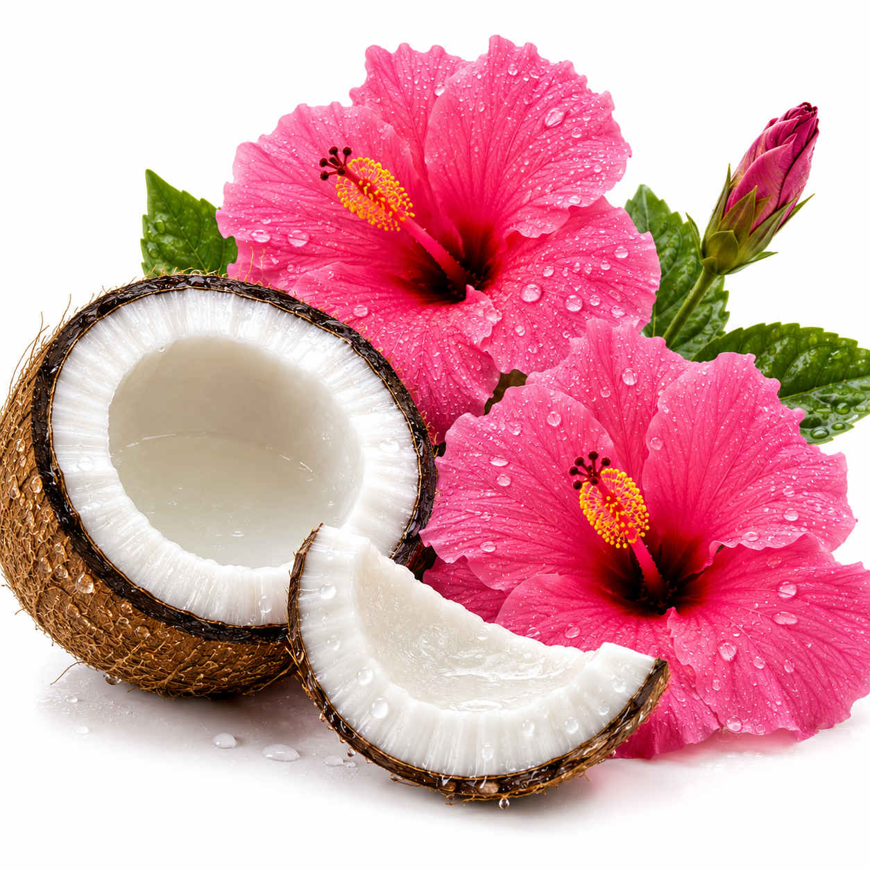 A close-up studio arrangement of a halved coconut with white flesh, bright pink hibiscus flowers with dew drops, green leaves, and a flower bud on a white background.
