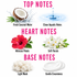 A fragrance notes graphic on a white background with pink and black text reading TOP NOTES, HEART NOTES, and BASE NOTES. Fresh coconut water, clean aquatic notes, hibiscus petals, soft florals, light musk, and gentle creaminess are illustrated with corresponding icons and labels.