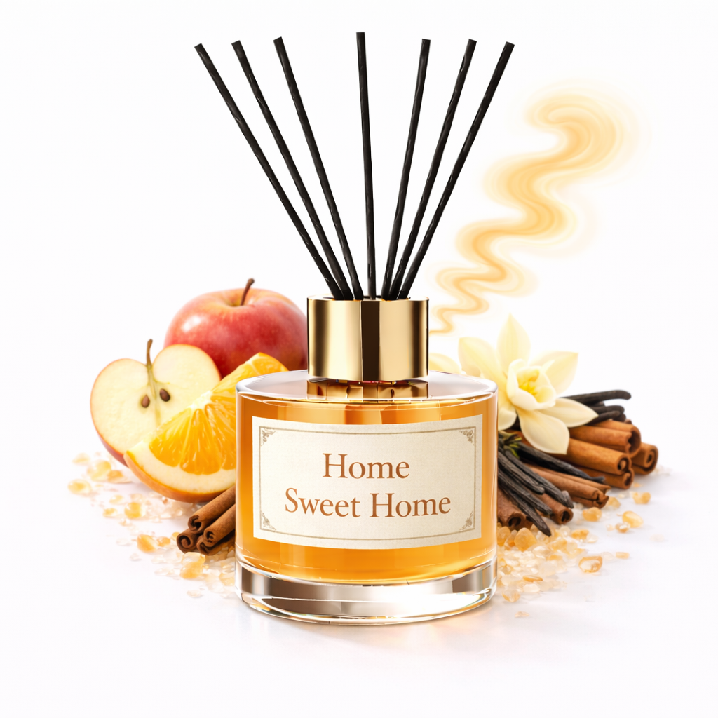 Diffuser with 'Home Sweet Home' label surrounded by fruits, flowers, and spices on a white background