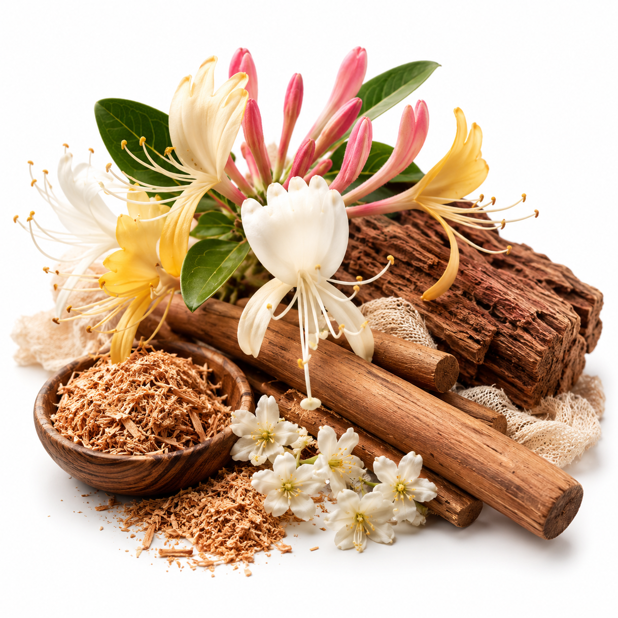 A styled botanical arrangement on a white background featuring white, yellow, and pink flowers with green leaves, cinnamon sticks, a small wooden bowl filled with brown powder, and scattered loose powder, alongside a piece of bark.