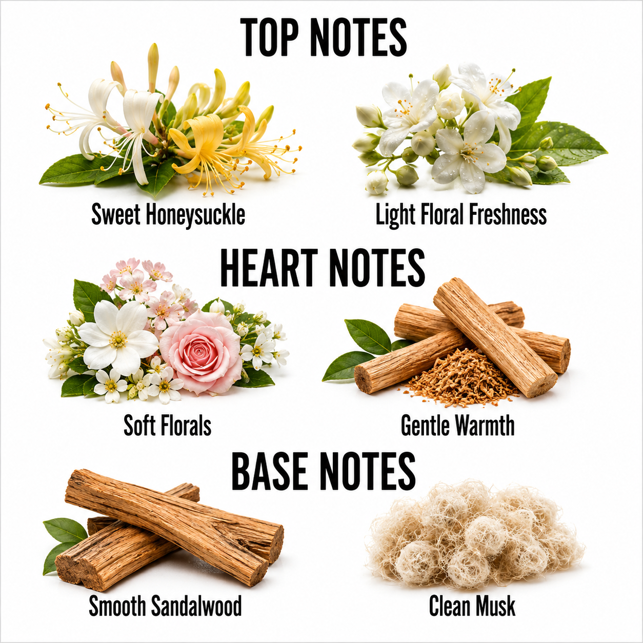 A fragrance notes graphic on a white background with the headings TOP NOTES, HEART NOTES, and BASE NOTES. Top notes shown are Sweet Honeysuckle with white and yellow flowers and Light Floral Freshness with white blossoms and green leaves.