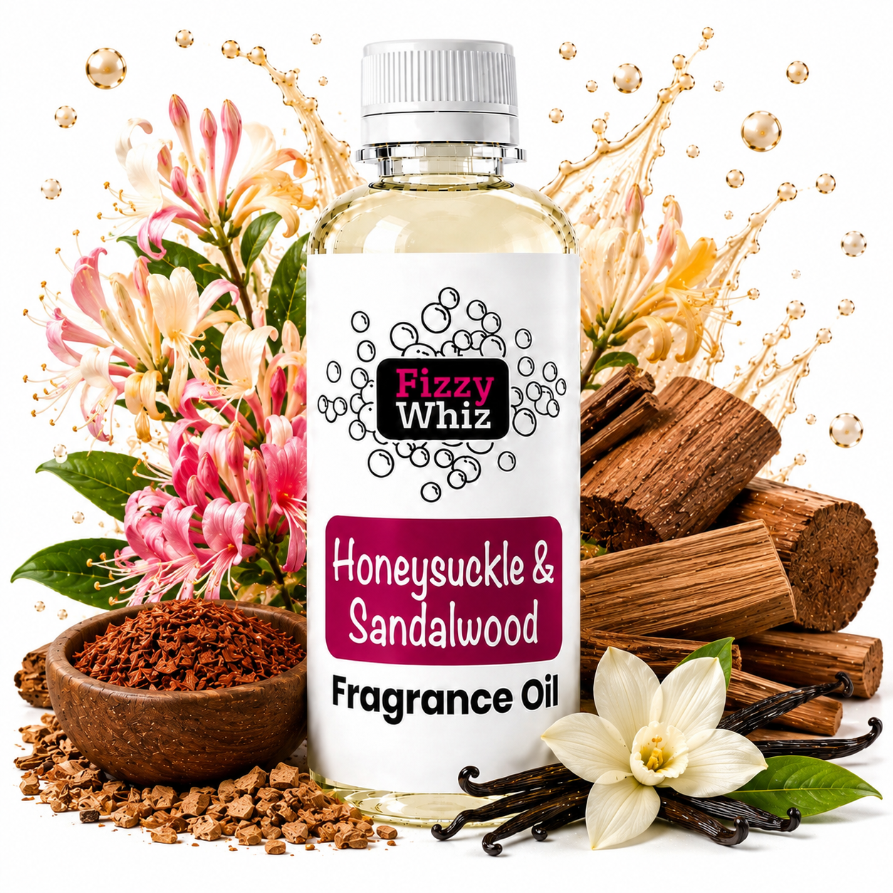 A bottle of Fizzy Whiz Honeysuckle & Sandalwood Fragrance Oil centered against a white background, surrounded by decorative floral and wood elements including pink flowers, sandalwood pieces, vanilla beans, and a small bowl of brown wax or resin.