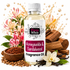 A bottle of Fizzy Whiz Honeysuckle & Sandalwood Fragrance Oil centered against a white background, surrounded by decorative floral and wood elements including pink flowers, sandalwood pieces, vanilla beans, and a small bowl of brown wax or resin.