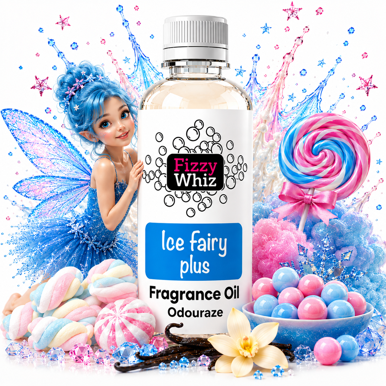 A bottle of Fizzy Whiz 'Ice Fairy plus' fragrance oil centered against a white background, surrounded by themed decorative props including a blue fairy illustration, pastel marshmallows, blue and pink candies, a lollipop, vanilla beans, and a flower. The product label clearly shows the brand Fizzy Whiz and the scent name Ice Fairy plus.