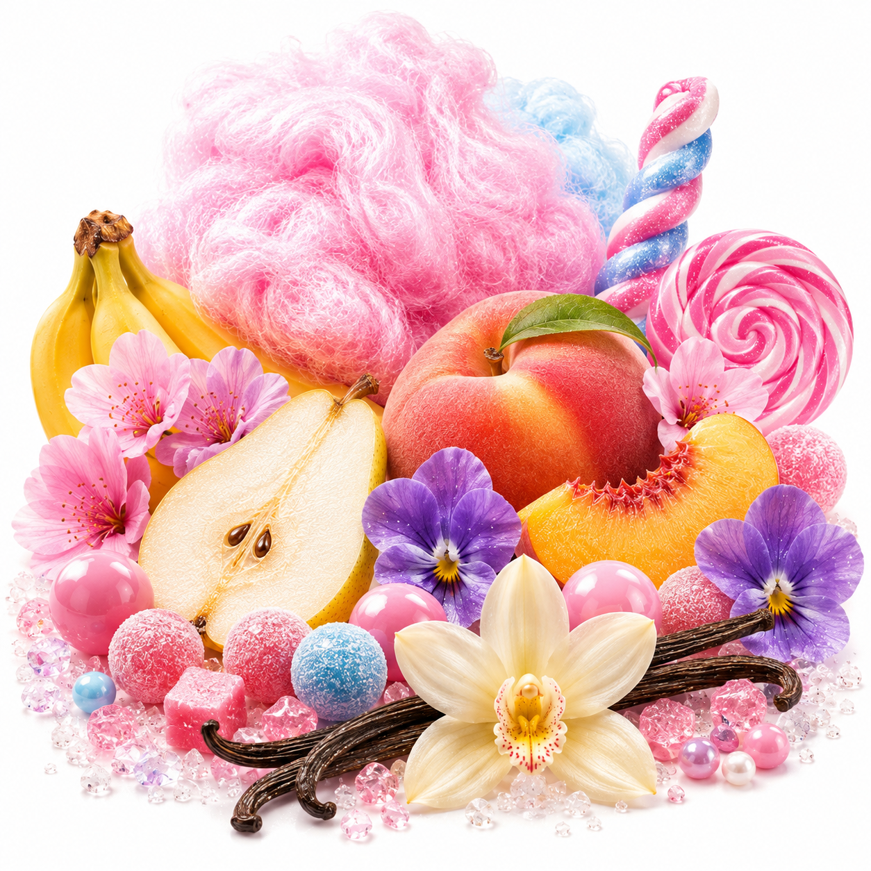 A colorful assortment of sweets and fruits arranged together on a white background, including pink cotton candy, a striped candy stick, lollipops, bananas, a peach, a pear slice, purple and pink flowers, and vanilla beans.