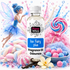 A bottle of Fizzy Whiz 'Ice Fairy plus' fragrance oil centered against a white background, surrounded by candy-themed props including a lollipop, marshmallows, blue and pink gumballs, a vanilla flower, and a fairy illustration.
