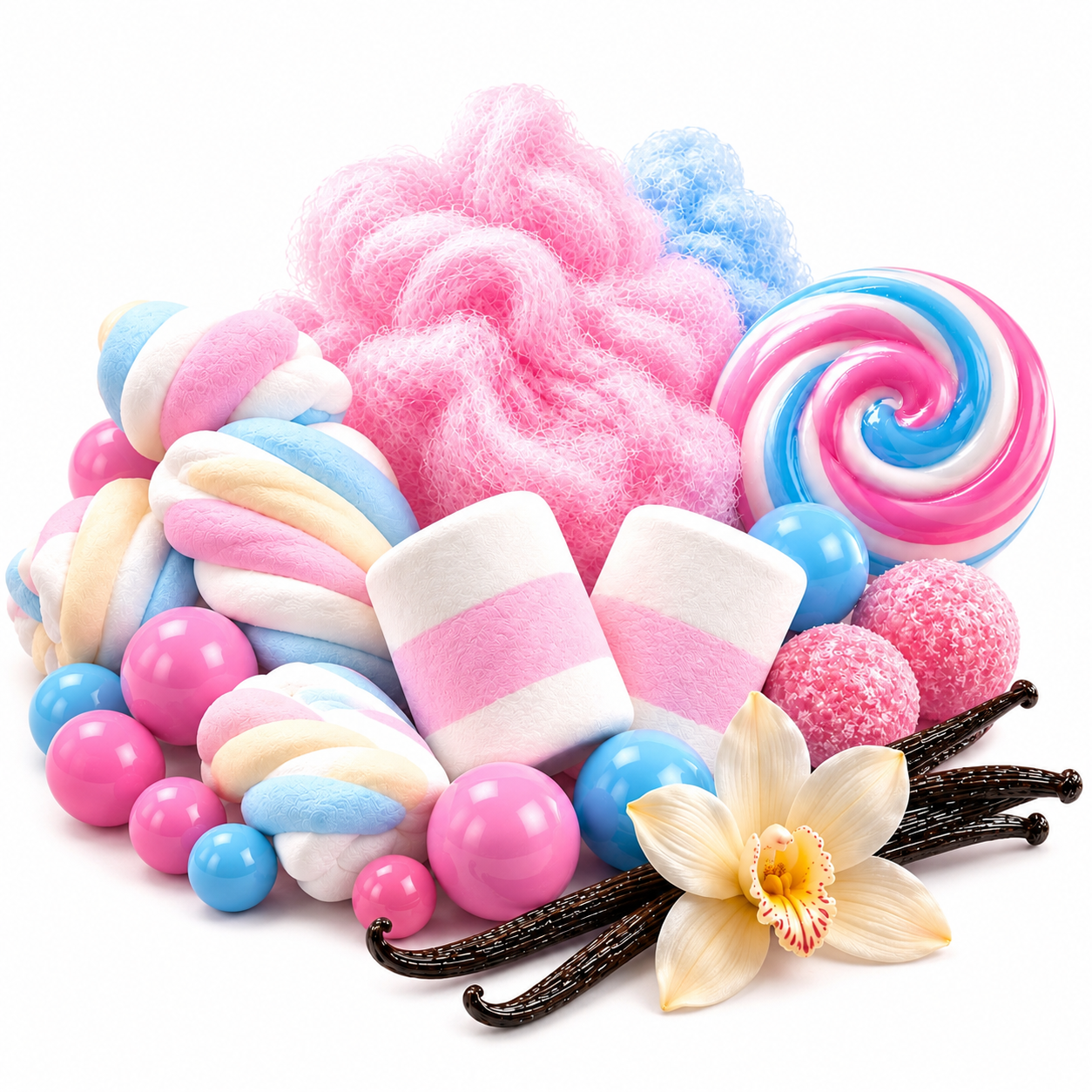 A colorful assortment of candy and sweets arranged on a white background, including pink and blue marshmallows, a pink and blue swirl lollipop, sugar-coated candies, vanilla beans, and a vanilla flower.
