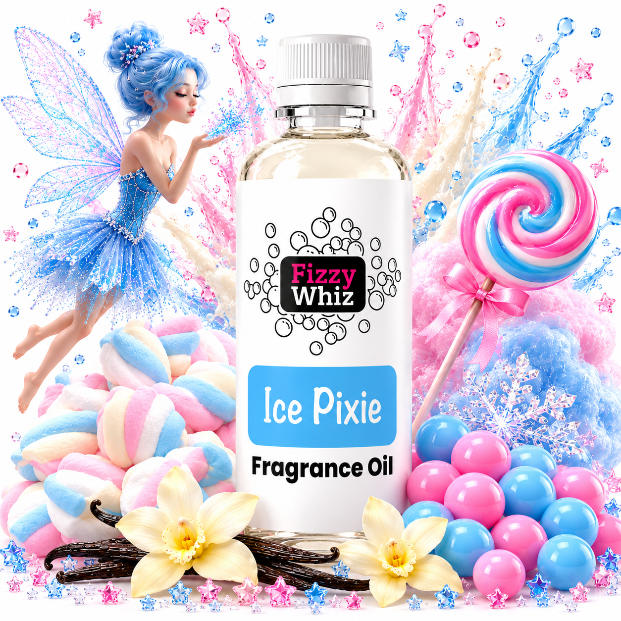 A bottle of Fizzy Whiz Ice Pixie Fragrance Oil centered against a highly stylized, colorful background featuring a blue fairy, marshmallows, lollipops, candy pearls, vanilla beans, and blue snowflakes.