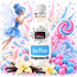 A bottle of Fizzy Whiz Ice Pixie Fragrance Oil centered against a highly stylized, colorful background featuring a blue fairy, marshmallows, lollipops, candy pearls, vanilla beans, and blue snowflakes.