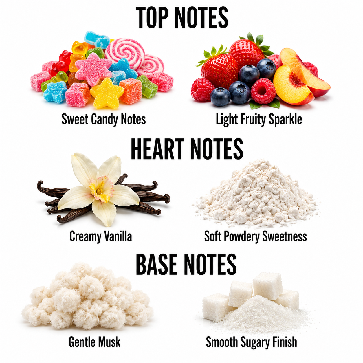 A fragrance notes graphic on a white background with six labeled clusters of imagery: Top Notes show colorful candy, strawberries, blueberries, and peach; Heart Notes show vanilla beans and a cream flower with soft powder; Base Notes show fluffy cream and sugar cubes.