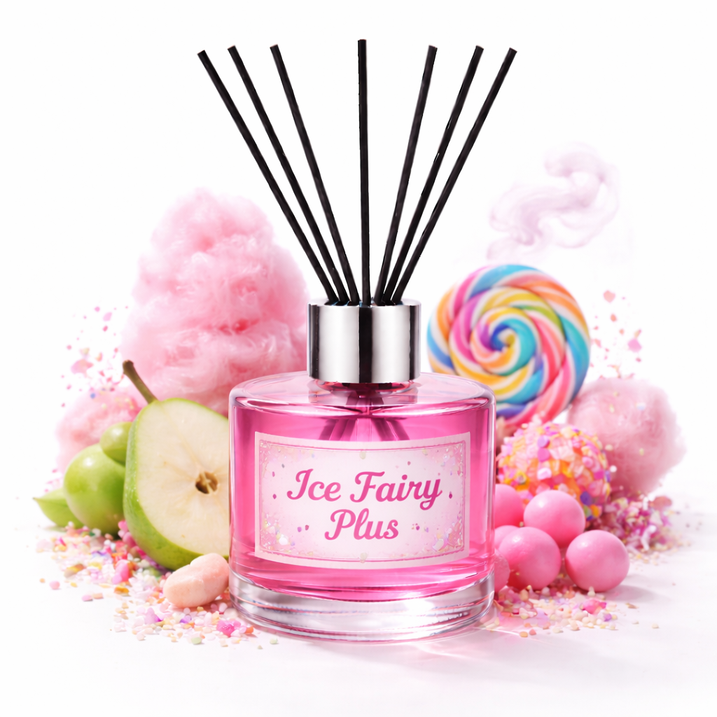 Pink diffuser labeled 'Ice Fairy Plus' with candy-themed background