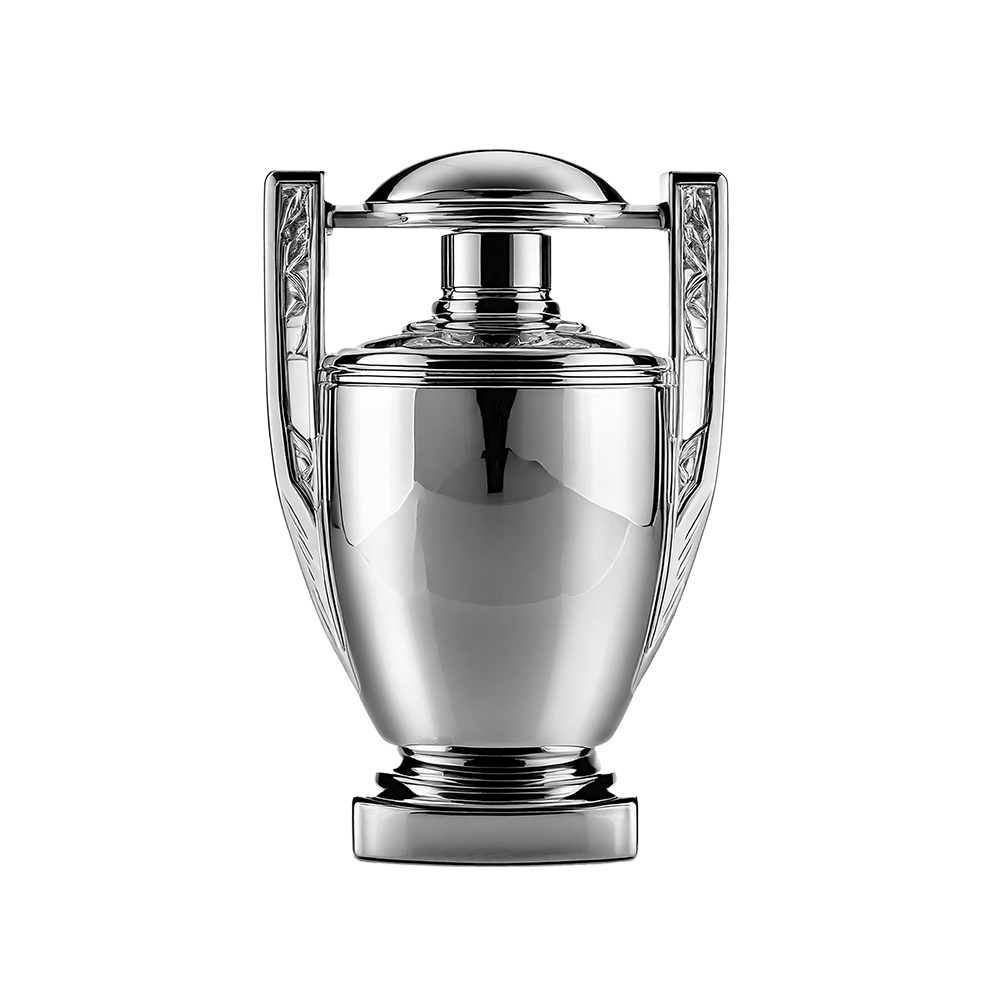 Silver trophy-shaped perfume bottle with two side handles and a rounded lid, featuring a polished metallic finish, shown upright on a light background.