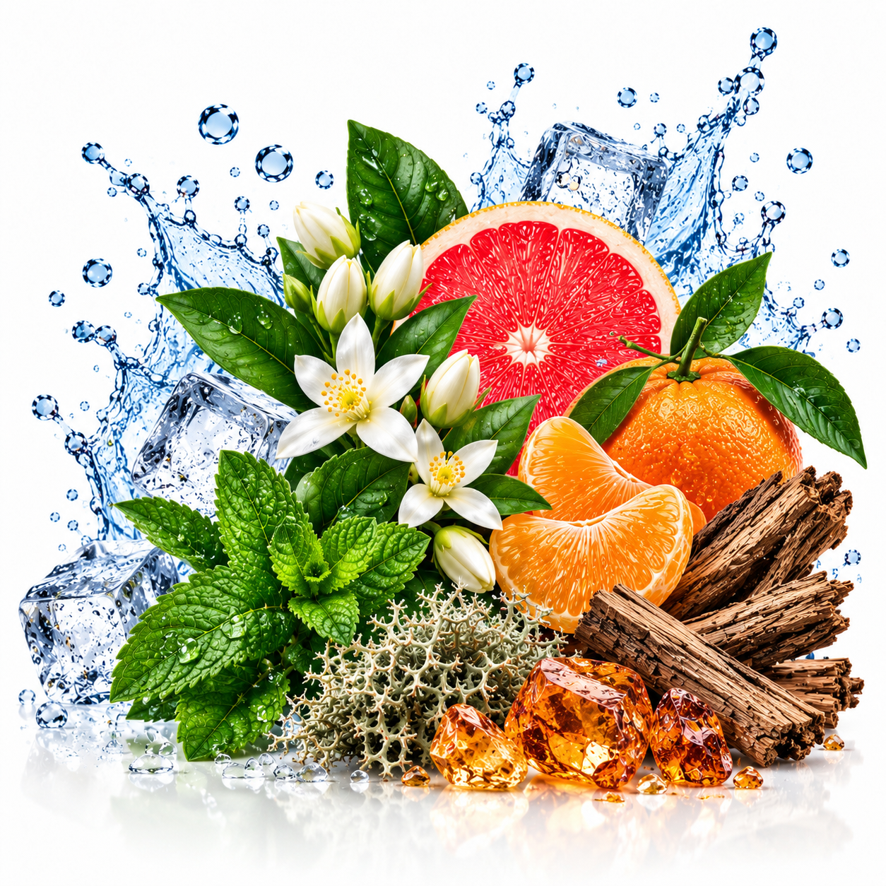 A stylized botanical arrangement of citrus fruits, mint leaves, white blossoms, wood bark, amber-like stones, and ice splash elements on a white background.