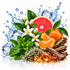 A stylized botanical arrangement of citrus fruits, mint leaves, white blossoms, wood bark, amber-like stones, and ice splash elements on a white background.