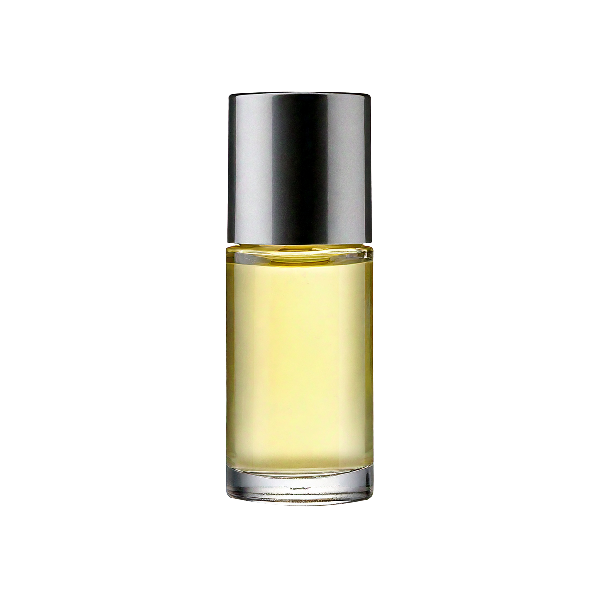 A bottle of Izzy Miyaki fragrance oil with a clear liquid visible through the transparent glass.