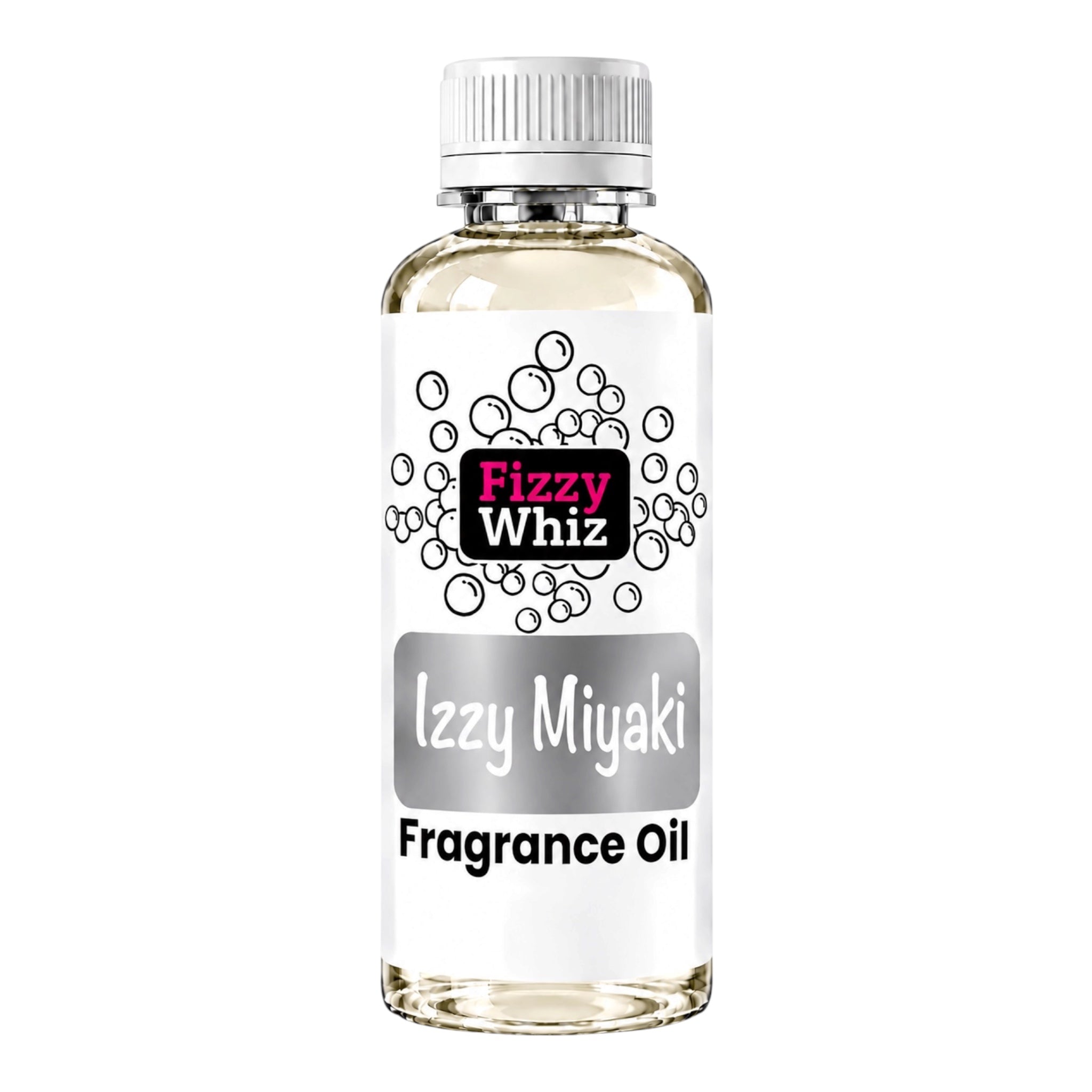 A bottle of Fizzy Whiz brand 'Izzy Miyaki' fragrance oil, featuring a clear glass bottle with a white cap and a white label with black and pink branding.