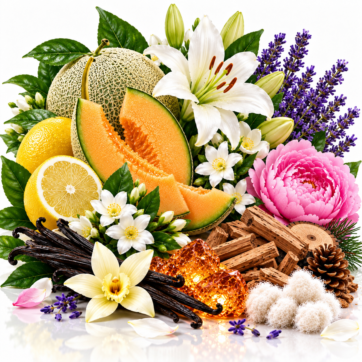 A styled botanical and fragrance composition featuring sliced cantaloupe melon, whole and halved lemons, white lilies, purple lavender sprigs, vanilla beans, pink peony flowers, wood bark pieces, a pinecone, and fluffy white cotton bolls on a white background.