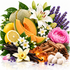 A styled botanical and fragrance composition featuring sliced cantaloupe melon, whole and halved lemons, white lilies, purple lavender sprigs, vanilla beans, pink peony flowers, wood bark pieces, a pinecone, and fluffy white cotton bolls on a white background.