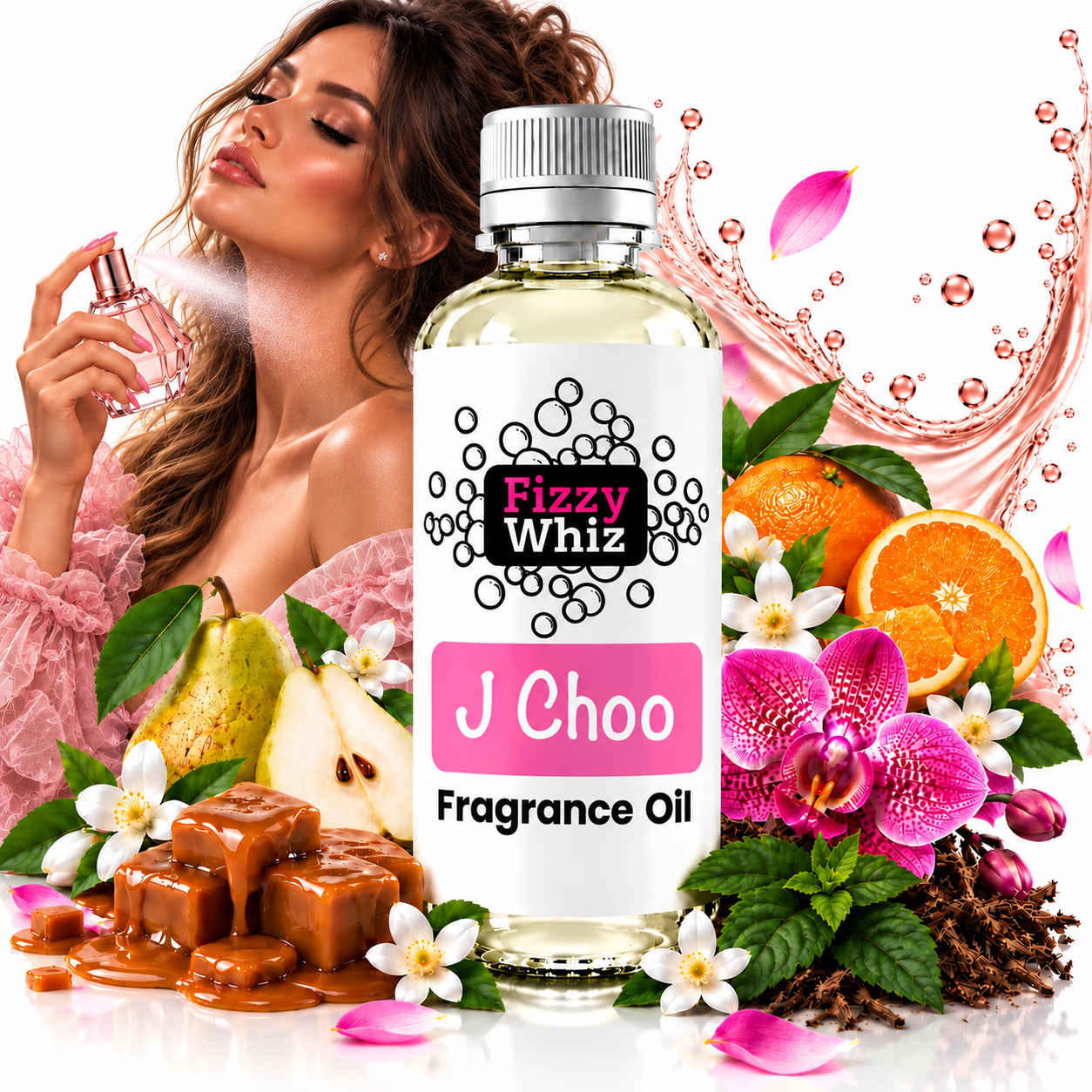 A bottle of Fizzy Whiz 'J Choo' fragrance oil is centered against a white background, surrounded by decorative ingredients and scent notes including oranges, pears, flowers, and caramel. A woman is visible in the background spraying perfume.