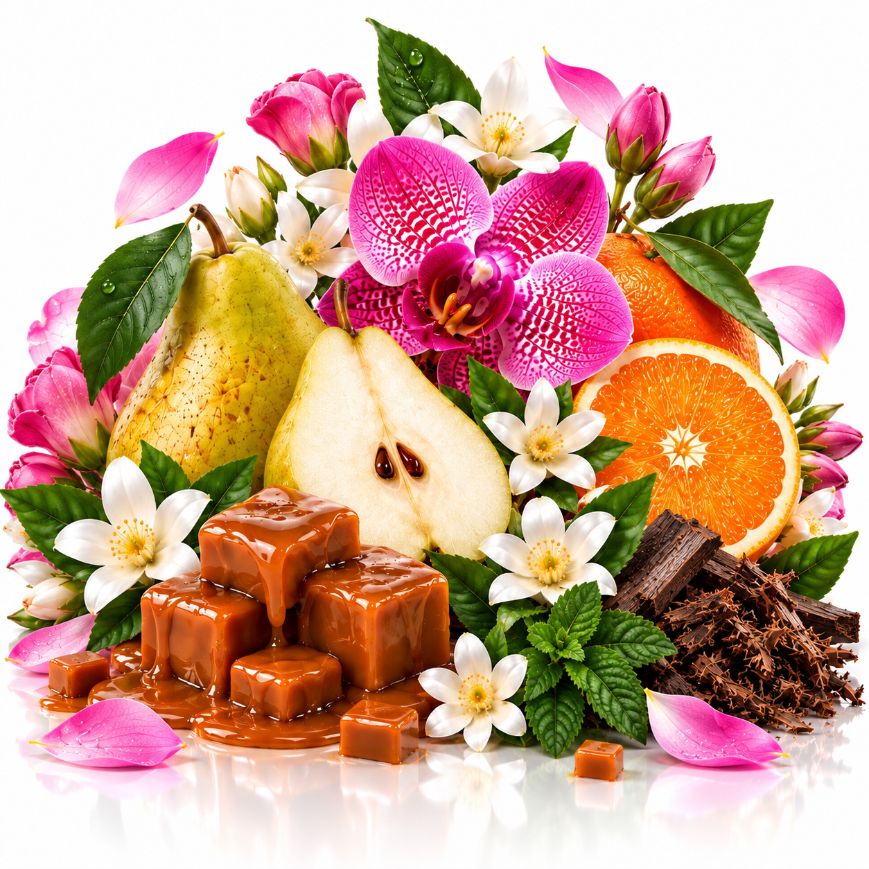 A styled arrangement of caramel cubes, sliced pear, whole pear, orange segments, pink orchids, white flowers, green leaves, pink petals, and dark brown bark pieces on a white background.