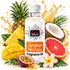 A bottle of Fizzy Whiz 'Jamaican Me Crazy' fragrance oil centered against a white background, surrounded by tropical fruit and flowers including pineapple, mango, coconut, grapefruit, passion fruit, and a plumeria flower, with orange juice splashes.
