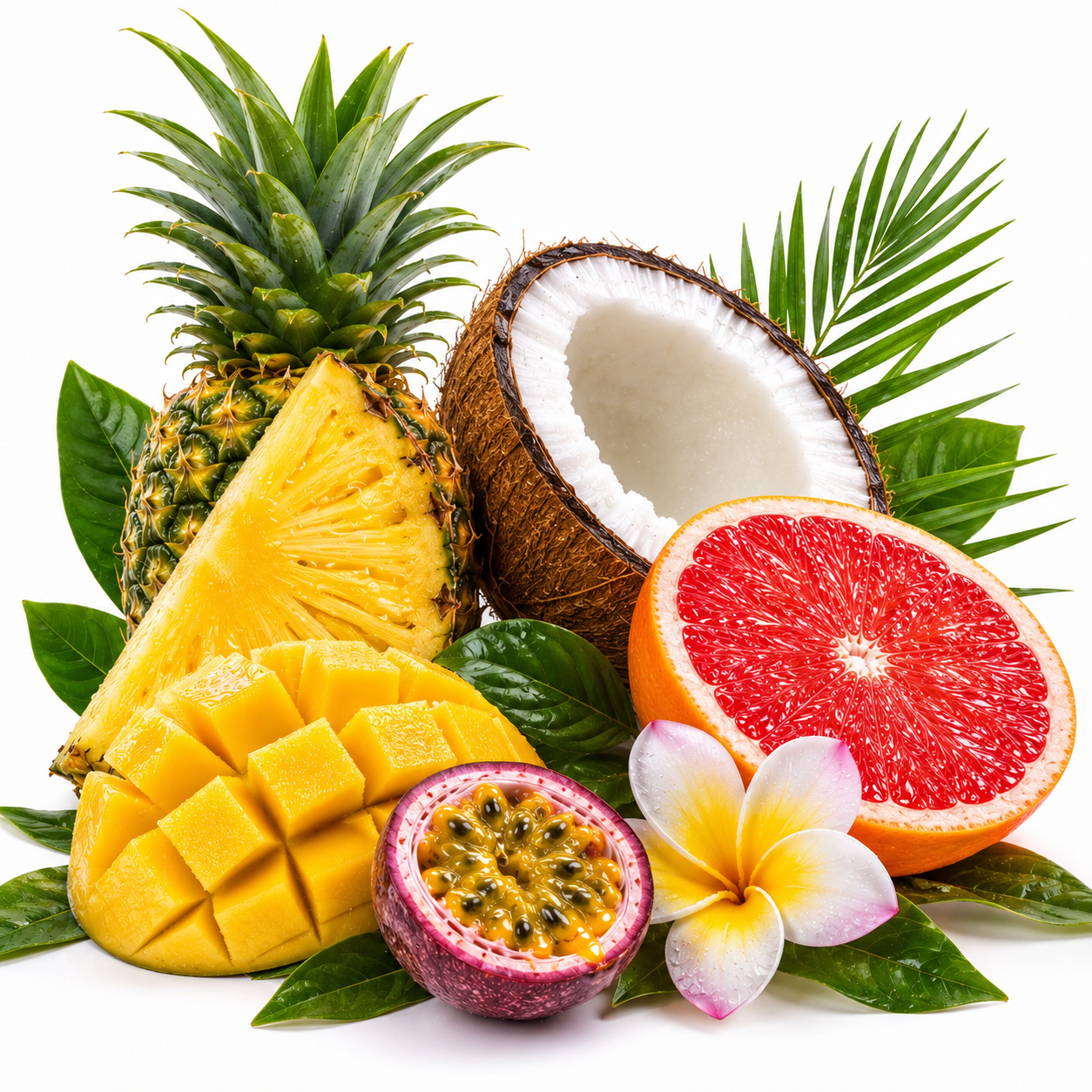 A tropical fruit arrangement on a white background, including a whole pineapple, sliced pineapple, a halved coconut, a grapefruit half, a passion fruit half, green leaves, and a white-and-pink flower.