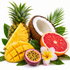 A tropical fruit arrangement on a white background, including a whole pineapple, sliced pineapple, a halved coconut, a grapefruit half, a passion fruit half, green leaves, and a white-and-pink flower.