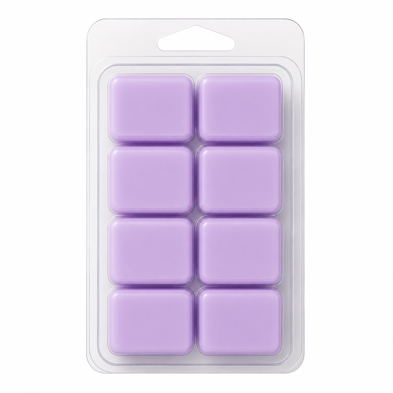 A blister pack containing eight lavender purple wax melts, presented on a clean white background.