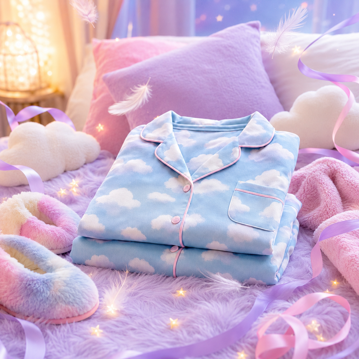 A folded light blue pajama set with a white cloud pattern and pink piping is displayed on a fluffy lavender bedspread, surrounded by pastel pillows, plush cloud toys, pastel slippers, and soft purple ribbons in a cozy bedroom setting.
