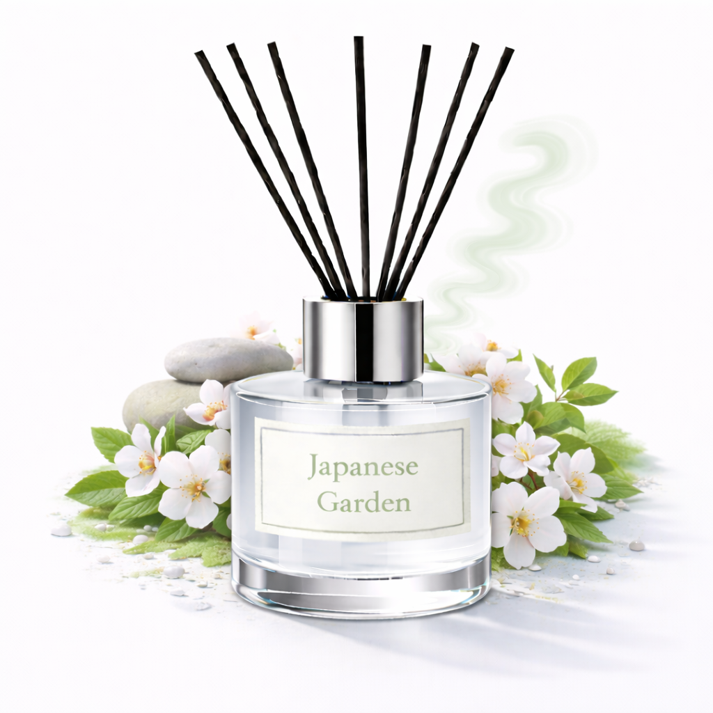 Diffuser bottle labeled 'Japanese Garden' with reeds and flowers on a white background