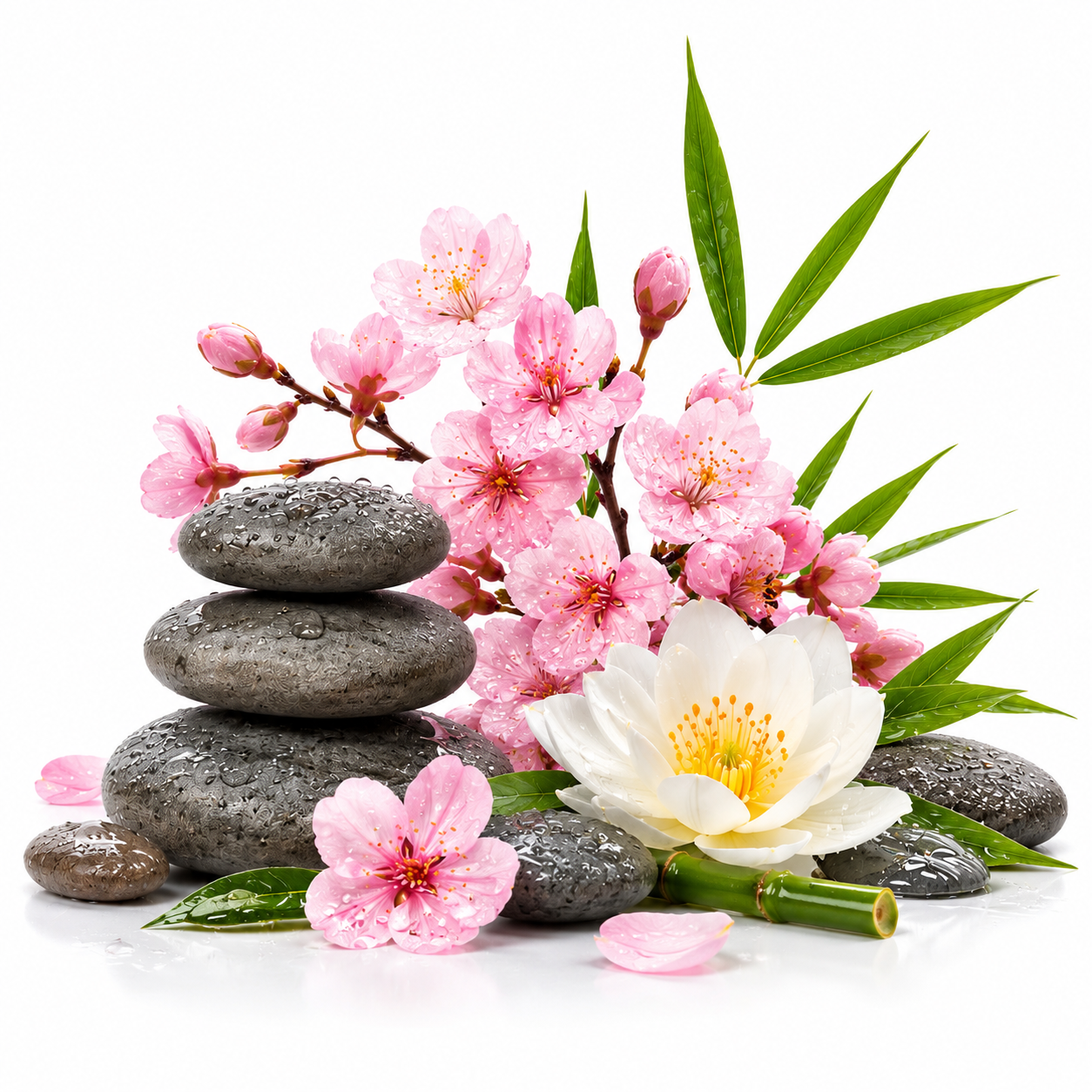 Zen-style arrangement of stacked smooth gray stones, pink cherry blossoms, a large white flower with yellow center, green leaves, and bamboo on a white background.