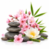 Zen-style arrangement of stacked smooth gray stones, pink cherry blossoms, a large white flower with yellow center, green leaves, and bamboo on a white background.
