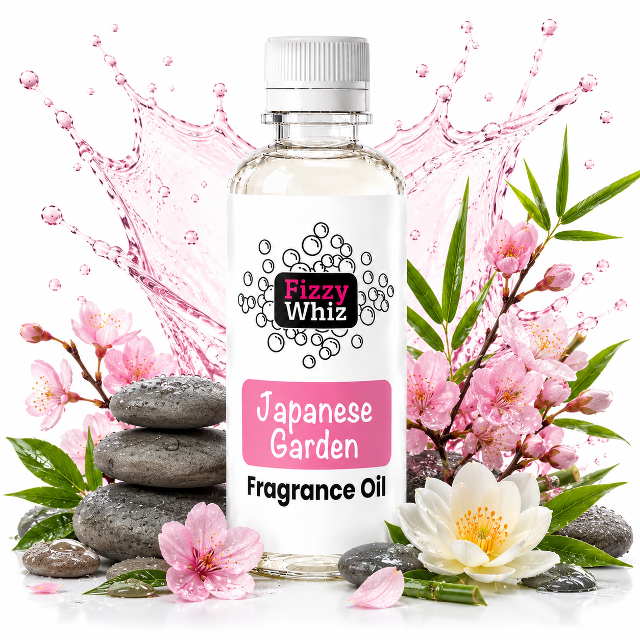 A bottle of Fizzy Whiz Japanese Garden Fragrance Oil centered on a white background, surrounded by pink cherry blossoms, green leaves, stacked gray stones, and a pink liquid splash behind it.