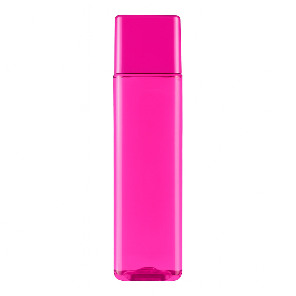 Tall, slim pink plastic cosmetic bottle with matching cap, shown upright on a light background.
