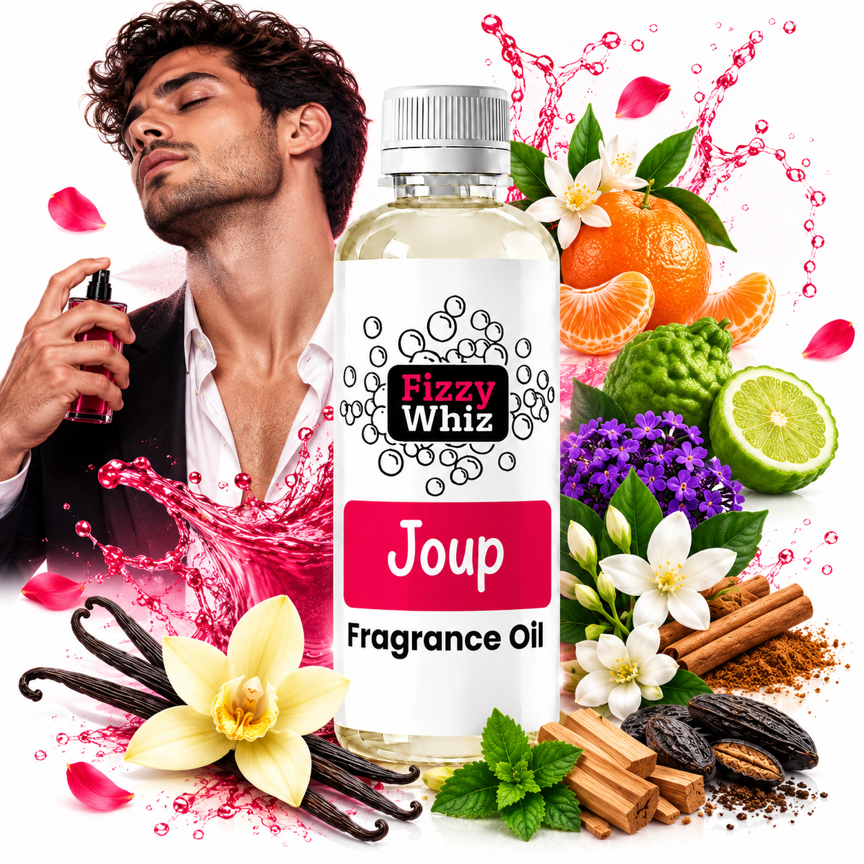 A bottle of Fizzy Whiz Joup Fragrance Oil centered on a white background, surrounded by citrus fruits, flowers, vanilla beans, cinnamon sticks, and other scent notes, with a man spraying fragrance oil in the upper left.