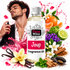 A bottle of Fizzy Whiz Joup Fragrance Oil centered on a white background, surrounded by citrus fruits, flowers, vanilla beans, cinnamon sticks, and other scent notes, with a man spraying fragrance oil in the upper left.