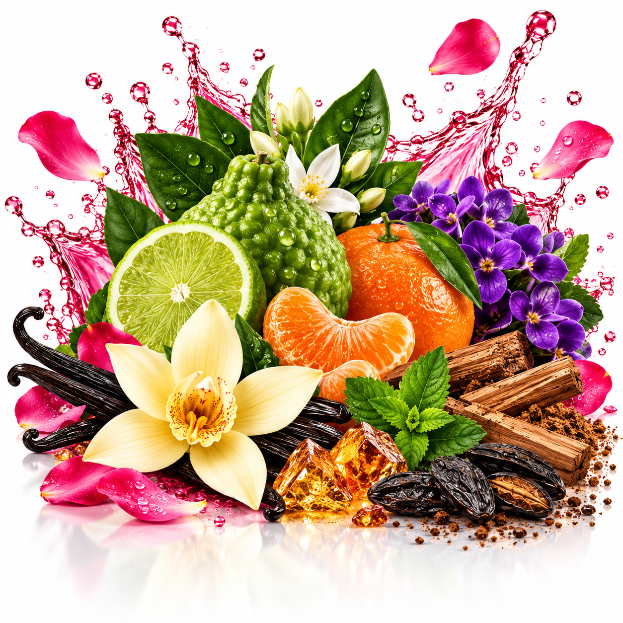 A vibrant botanical still life of natural ingredients, featuring a green kumquat, sliced lime, orange segments, purple flowers, vanilla beans, cinnamon sticks, mint leaves, and amber crystals, arranged with pink liquid splashes and petals on a white background.