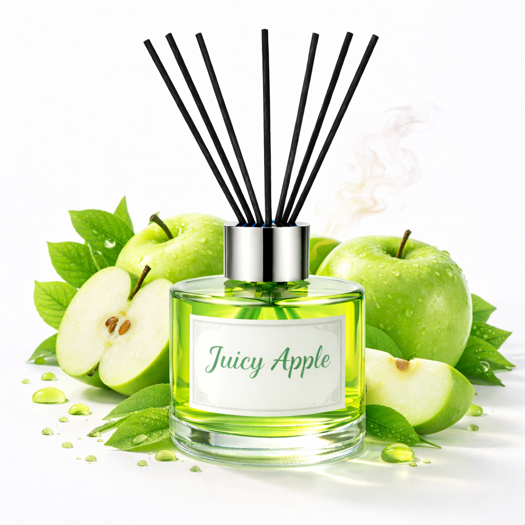 Diffuser with 'Juicy Apple' label surrounded by green apples and leaves on a white background