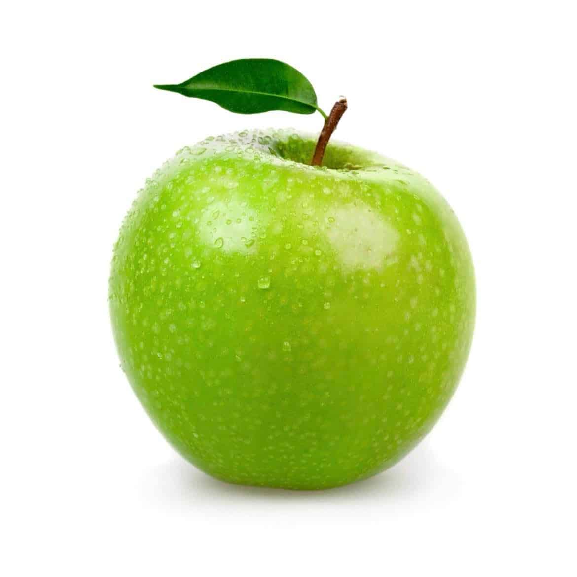 A single, fresh green apple with a leaf on top, representing the Juicy Apple Fragrance Oil.