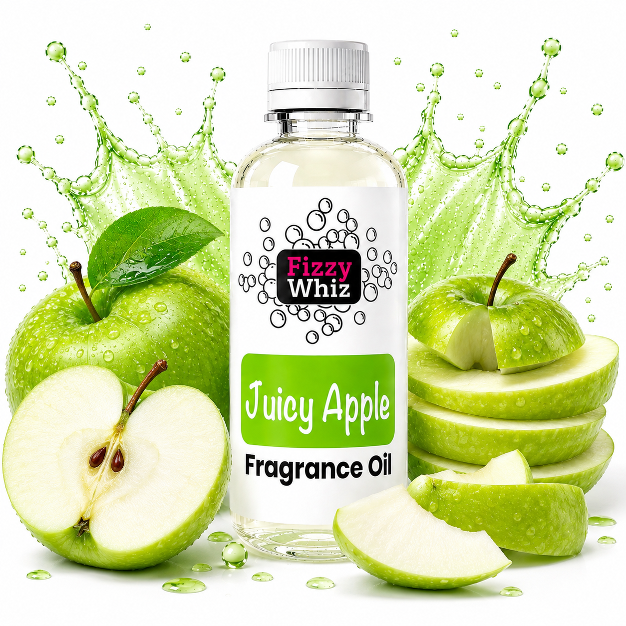 A bottle of Fizzy Whiz Juicy Apple Fragrance Oil centered on a white background, surrounded by fresh green apples and apple slices with a green splash graphic behind it.