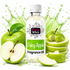 A bottle of Fizzy Whiz Juicy Apple Fragrance Oil centered on a white background, surrounded by fresh green apples and apple slices with a green splash graphic behind it.