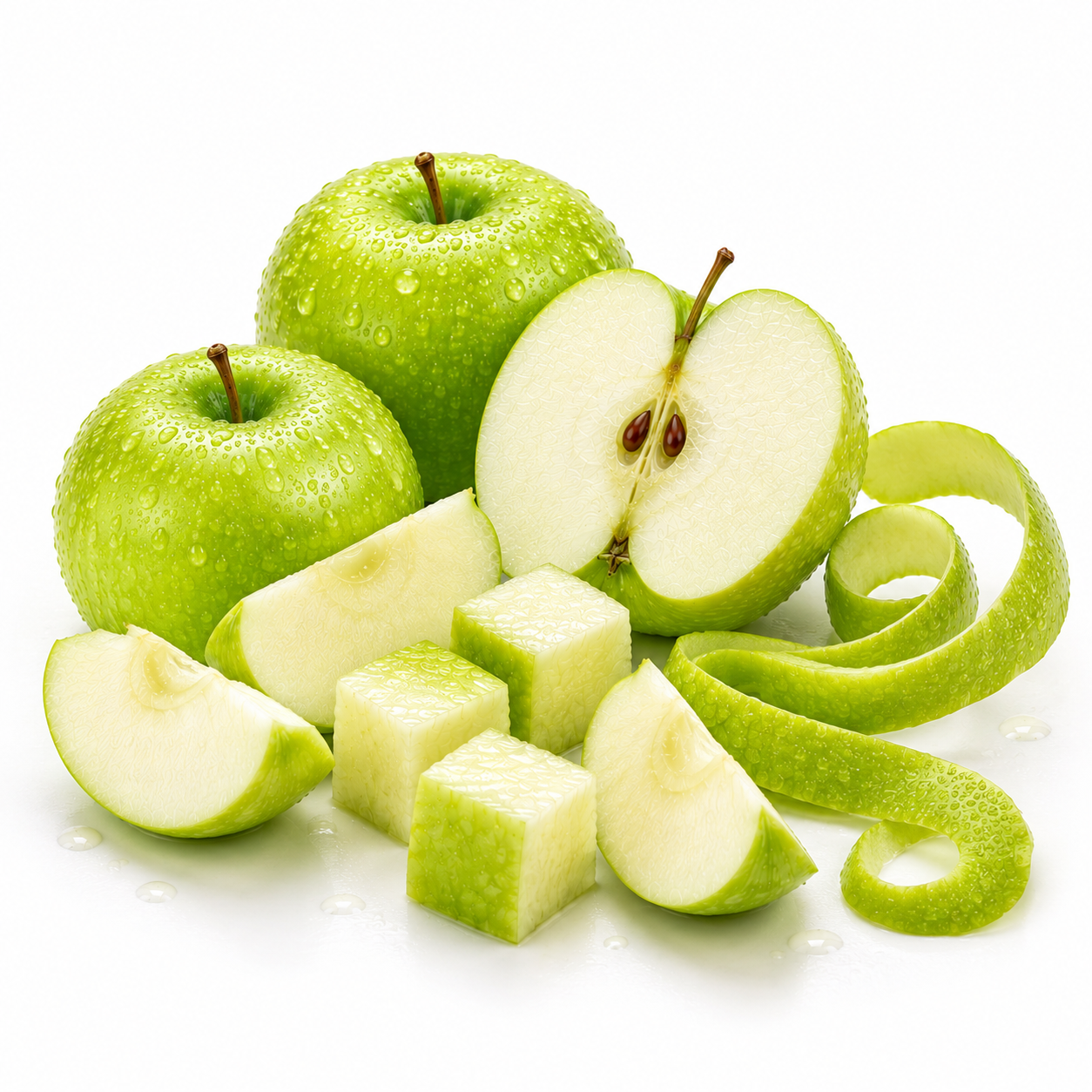 Fresh green apples arranged on a white background, including whole apples, cut halves showing the core and flesh, wedges, cubes, and a long curled peel.