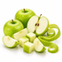 Fresh green apples arranged on a white background, including whole apples, cut halves showing the core and flesh, wedges, cubes, and a long curled peel.