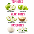 A fragrance notes graphic on a white background with pink headings reading TOP NOTES, HEART NOTES, and BASE NOTES. The top notes show green apples and a curled green peel labeled Crisp Green Apple and Fresh Fruit Zest.