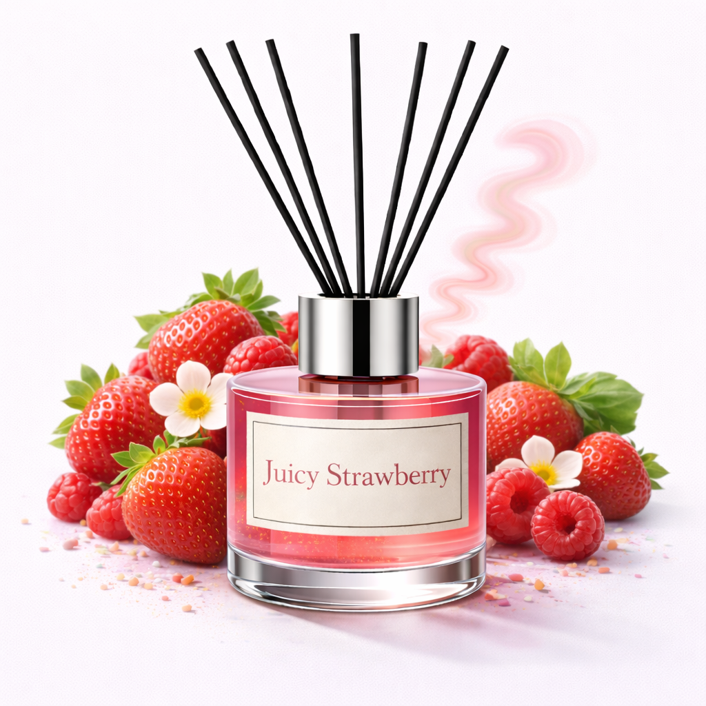 Reed diffuser labeled 'Juicy Strawberry' surrounded by strawberries on a white background