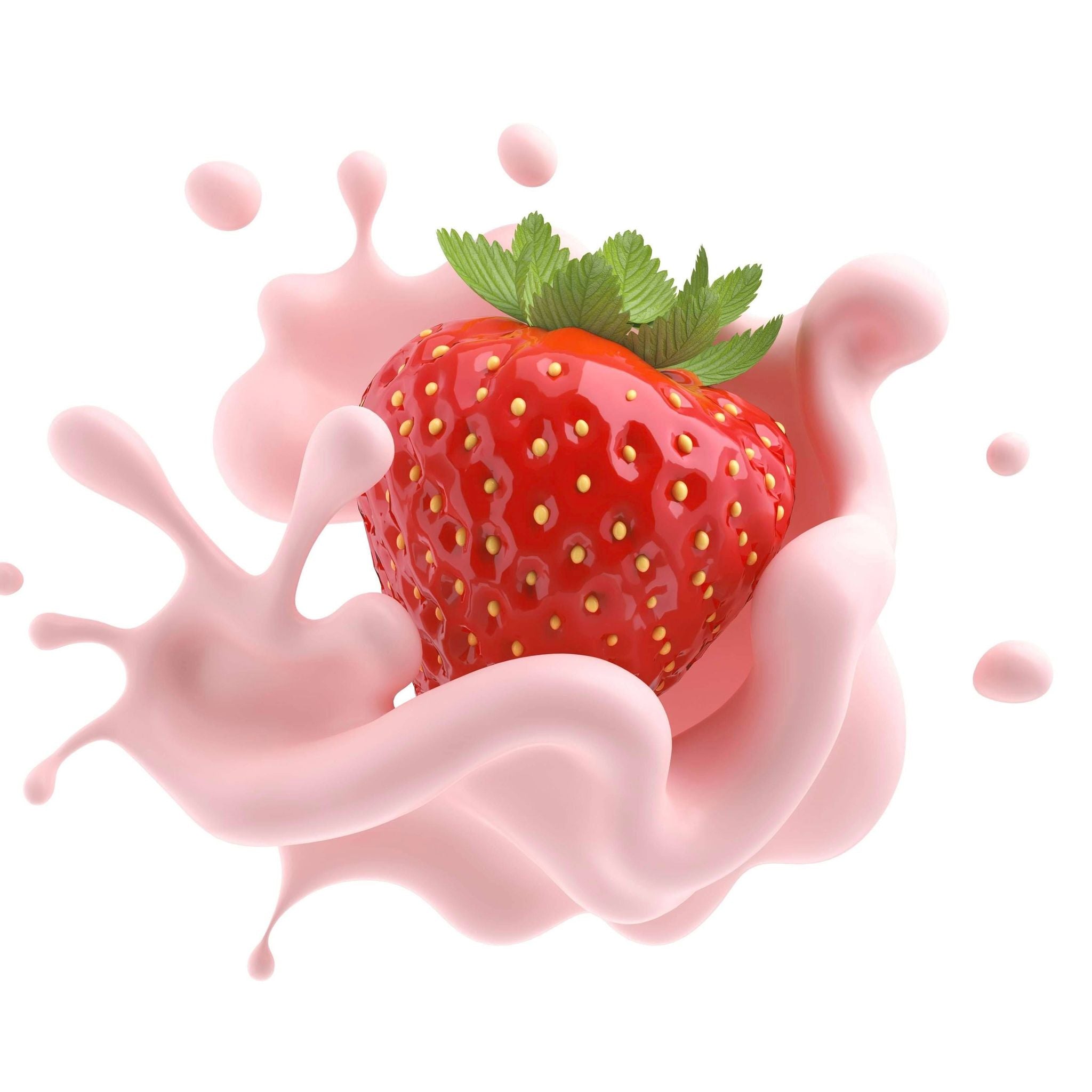 A graphical representation of a strawberry with a splash of pink liquid around it, resembling a milkshake or smoothie.