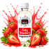 A bottle of Fizzy Whiz Juicy Strawberry Fragrance Oil centered on a white background, surrounded by fresh strawberries, sliced strawberries, green leaves, and a red syrup splash effect. The bottle has a white cap and a white label with red and black text.